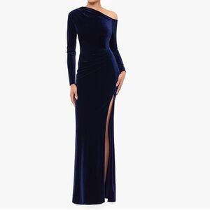 Blue Velvet Long Sleeve Evening Dress